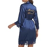 North Bund Women's Bride Bridesmaid Silky Robes with Lace Trim Bridal Embroidery Bathrobe for Wedding Party Sleepwear