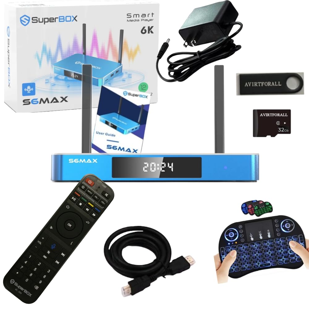 Photo 1 of A Bundle Blue Black TV S6-MAX Android 12 TV Box 32GB Memory Card 64 GB Drive 2025 Version6 with Back-lit Remote Keyboard