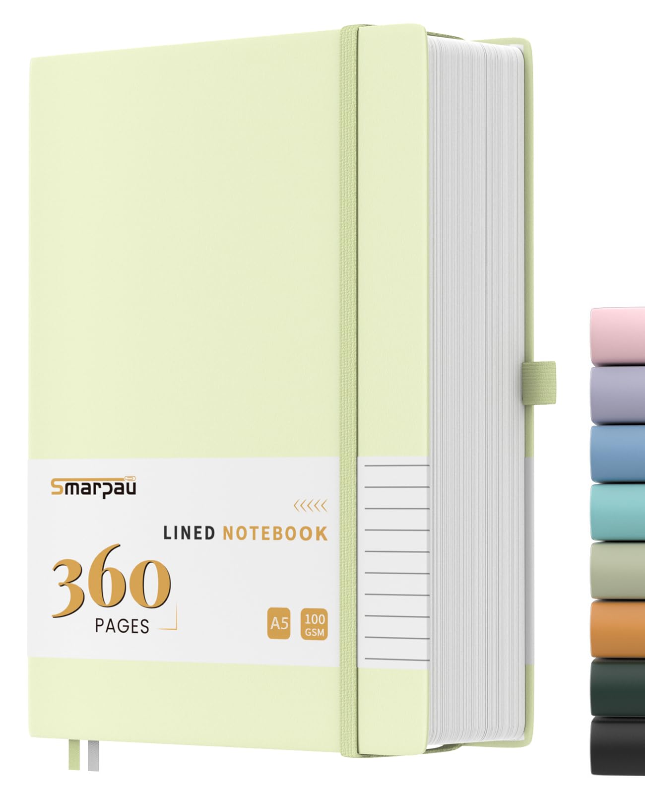 Smarpau Notebook A5 Lined Journal, 360 Numbered Page Leather Notebook Notepad for for Women Men Writing, 100GSM No Bleed Journal with Index Tabs for Work School Travel, 14.5 x 21cm - Light Green