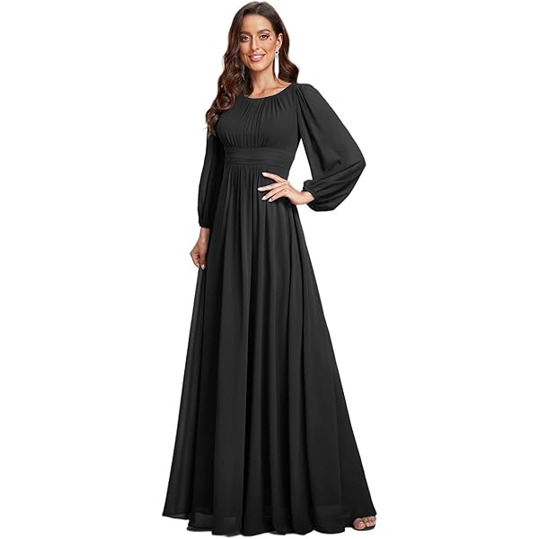 Amazon.com: Ever-Pretty Women's Chiffon A-Line Floor Length V Neck Pleated  Long Sleeves Evening Formal Dress Black US4 : Clothing, Shoes & Jewelry