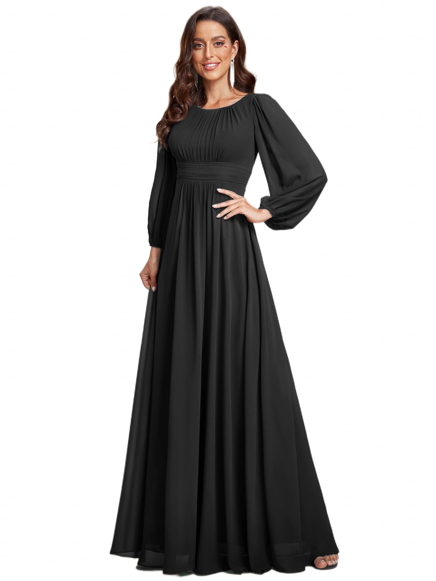 Photo 1 of **SEE NOTES** Ever-Pretty Women's Crewneck Long Lantern Sleeves Floor Length A-Line Pleated Chiffon Formal Dress Black US10