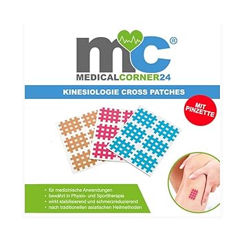 Medicalcorner24® Kinesiologie Gittertape, 102 Cross-Patches inkl. Pinzette, Gitterpflaster, Akupunktur-Pflaster, Gitter Pflas
