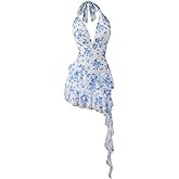 Verdusa Women's Summer Dress Y2k Halter Mini Dress Mesh Backless Dress Floral Ruffle Dress Wedding Guest Dress