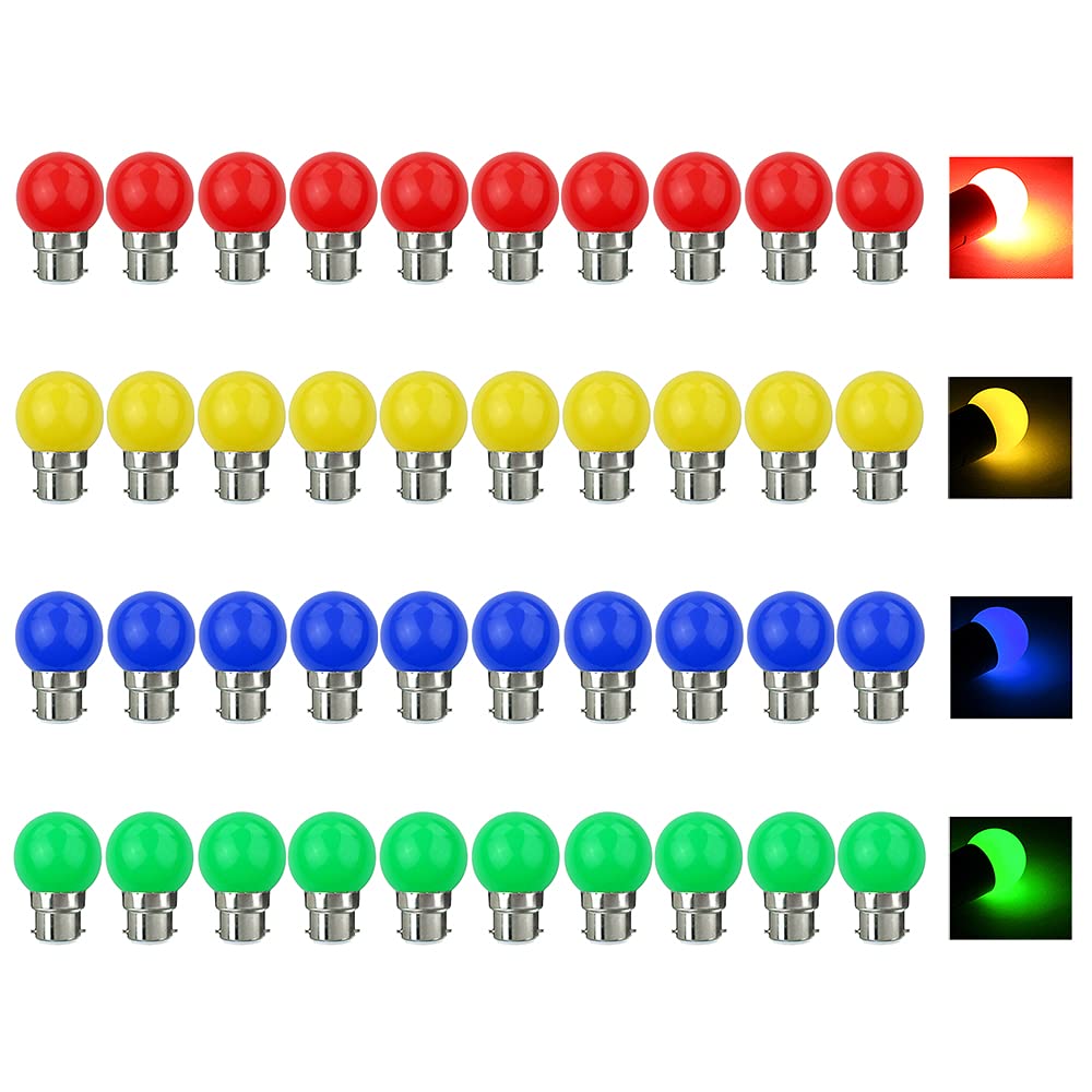 V-TOO 40 Pack Coloured Light Bulb B22 Bayonet LED Bulbs 3W Multi Colour LED Light Bulbs Mood Ambiance Lighting for Home Decoration Party Patio Christmas Effect Lights Coloured Red Yellow Blue Green