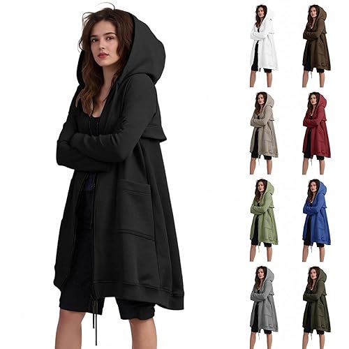 Womens Coats Zip Up Hoodie Oversized Hooded Jacket with Back Zip Slit Overcoat Thickened Winter Warm Longline Hooded Sweatshirts Fleece Jackets Tops Casual Loose Fit Long Coats with Pockets