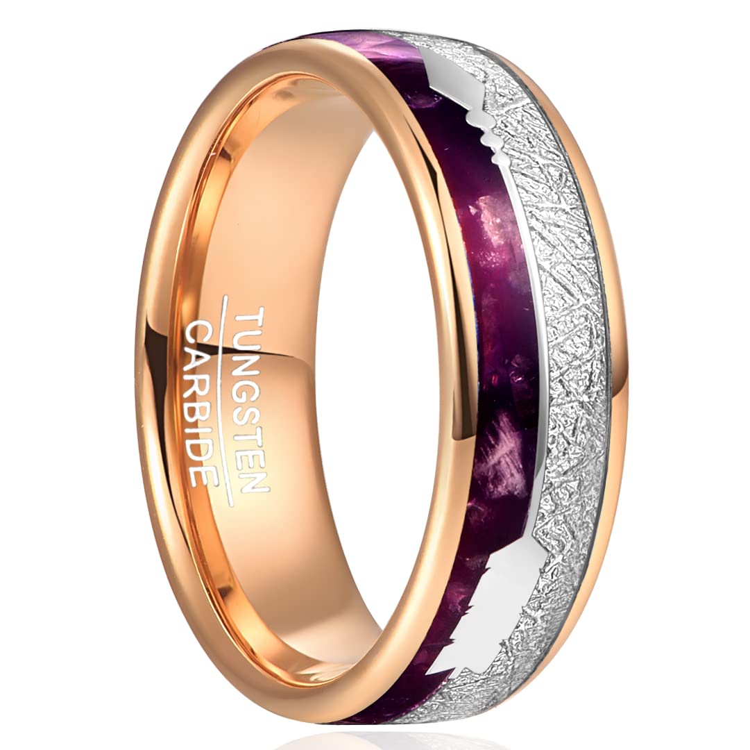 TUNGSTORY 8mm Rose Gold Tungsten Ring Mens Wedding Ring Bands with Purple Agate and Silver Imitated Meteorite Inlay Dome Arrow Rings Size S