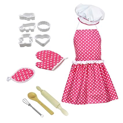 Chef Set for Kids,12pcs Kitchen Costume Role Play Kits, Girls Apron with Chef Hat,Cooking Mitt and Cookie Cutters (Rose red)
