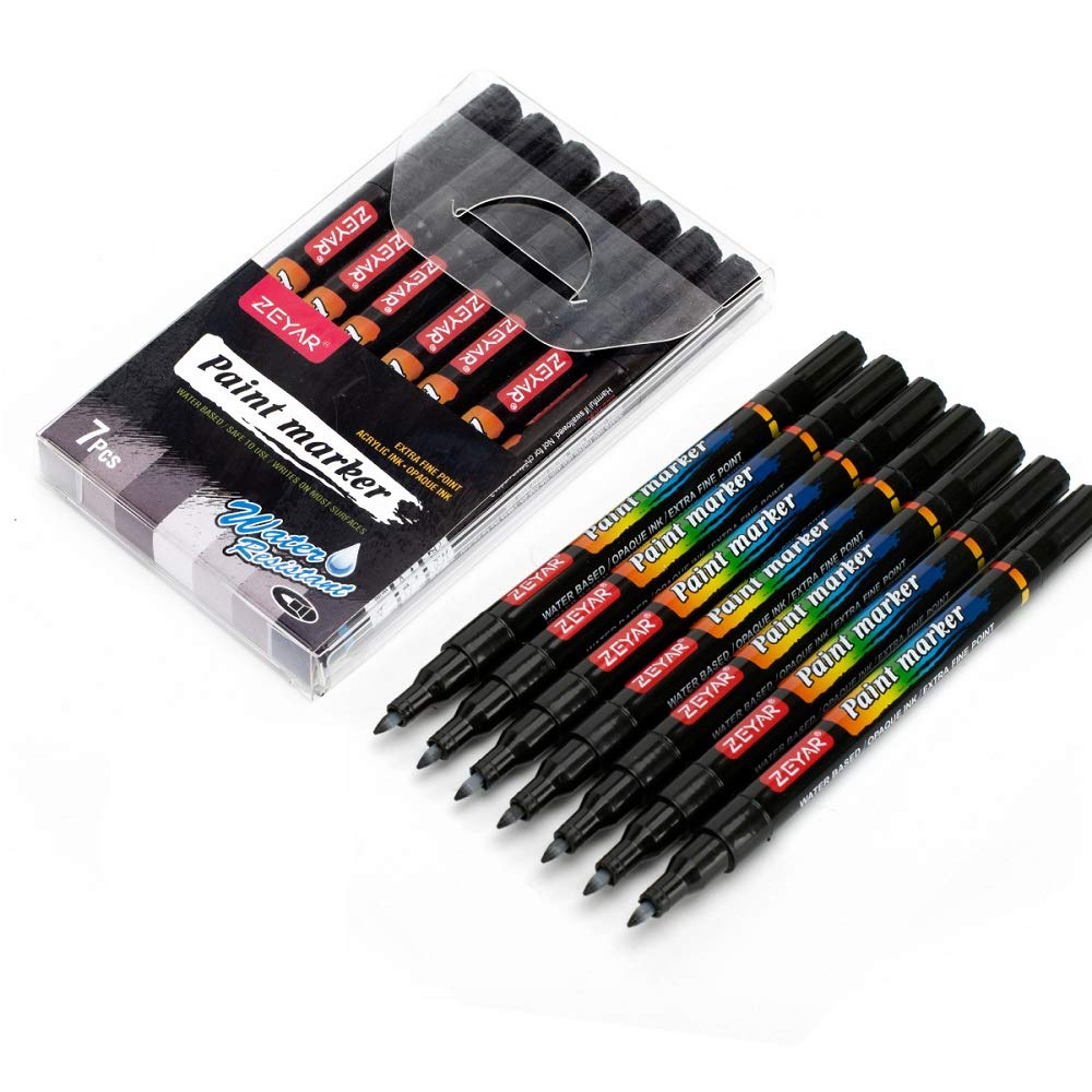 ZEYAR Black Acrylic Paint pen, Water Based, Set of 7, Extra Fine Point, Great for Rock Painting, Ceramic, Glass, Wood and smooth surfaces, Opaque ink (Black)