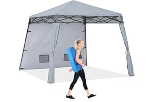 COOSHADE Compact Lightweight Backpack Canopy Sun Protection 8x8 Pop up Shelter Slant Leg Beach Tent with 1 Sidewall, 4 Extra Sandbags (Grey)