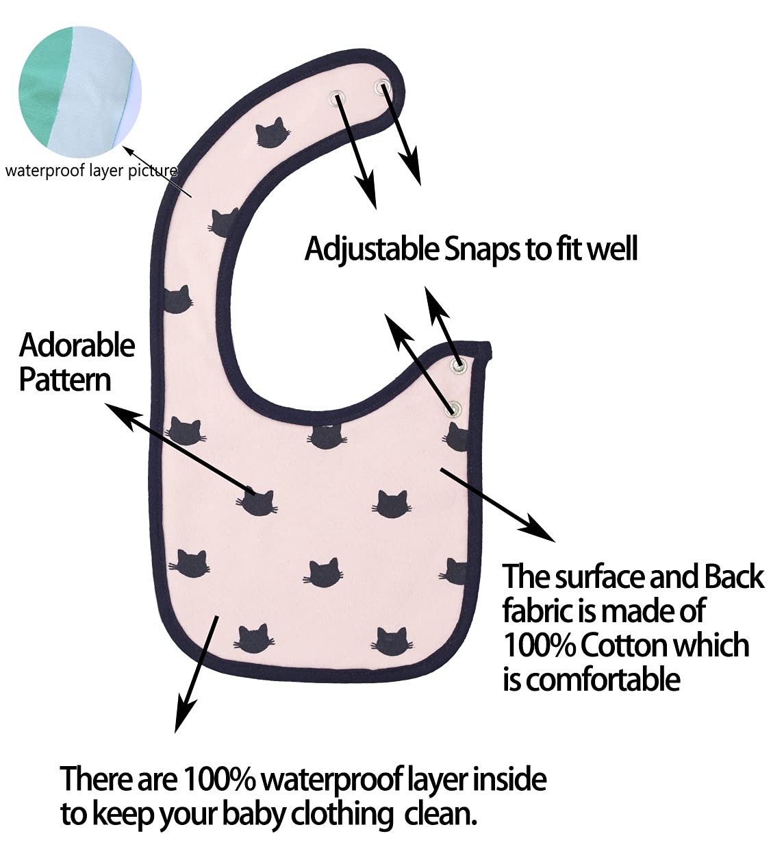 6 Pack Waterproof Cotton Baby Bibs for Girls for Drooling Eating Teething with Snaps: Clothing