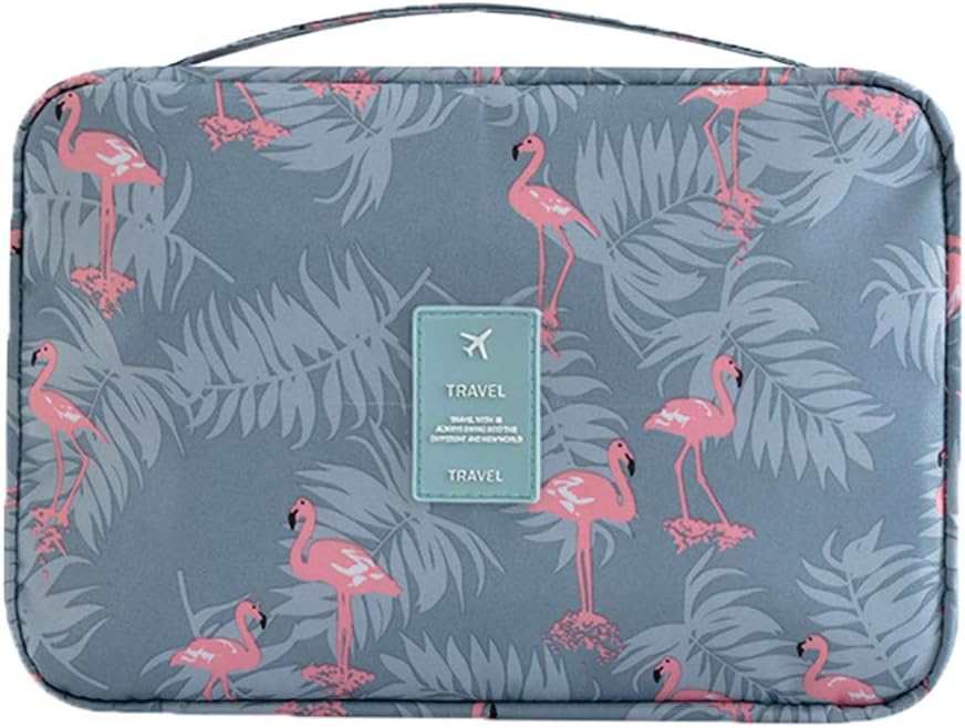 Travel Toiletry Bag Hanging Wash/Shower Bag for Women Cosmetic Bag Oganizer with Handle Make up Bag Toiletry Kit Bag for Travel Accessories (Flamingo-Grey)