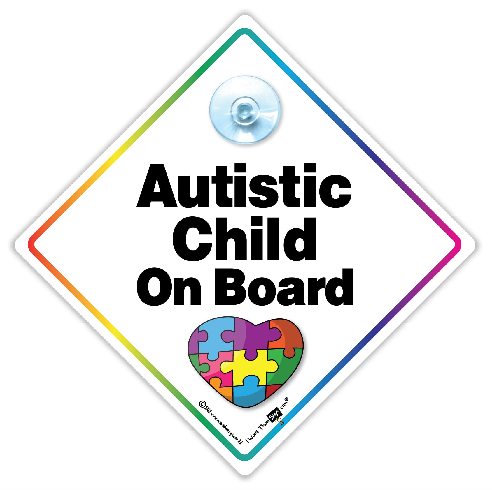 Autistic Child On Board Sign With Heart Shaped Puzzle, Autism Baby on Board Car Sign, Autism Awareness Notice, 14cm x 14cm with Suction Cup