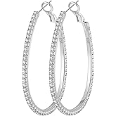 PRETOLE 925 Sterling Silver Hoop Earrings Rhinestone Large Silver Hoop Earrings Oval Big Hoops Earrings for Women Lightweight Hypoallergenic Extra Large Silver Hoops Earrings for Women (50/60/70MM)