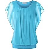 BAISHENGGT Womens Summer Tops Flutter Short Sleeve Pleated Front Mesh Shirts Dressy Casual Blouses