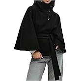 GORGLITTER Women's Bat Wing Sleeve Pea Coats Poncho Cape Cropped Trench Coat Fall Stand Collar Cloak Belted Outerwear