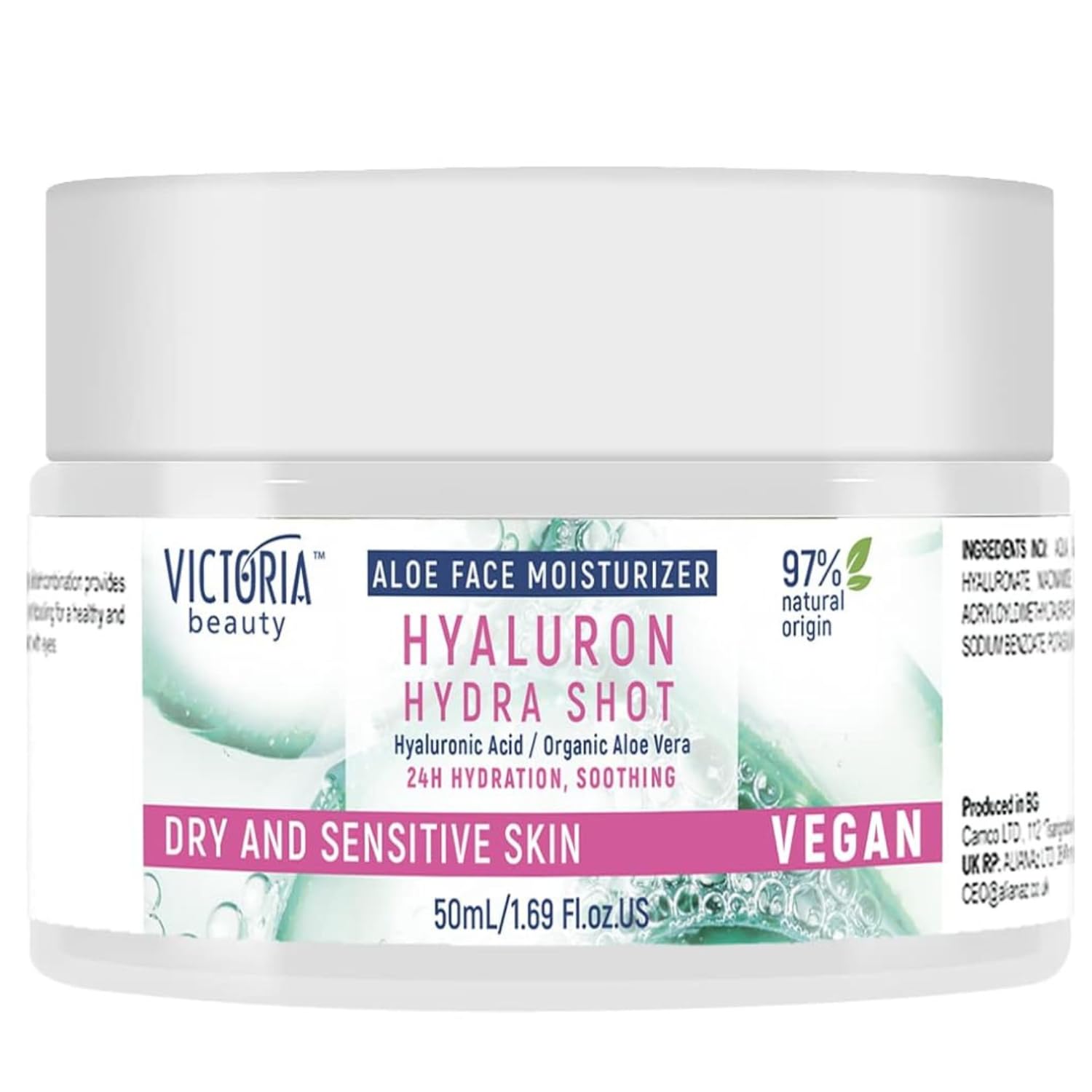 Victoria Beauty Hydra Shot Face Moisturiser with Aloe, Vitamin E, Hyaluronic Acid and Niacinamide - Day and Night Cream for Dry Skin - for Men and Women, 97% Natural, Vegan, 50ml