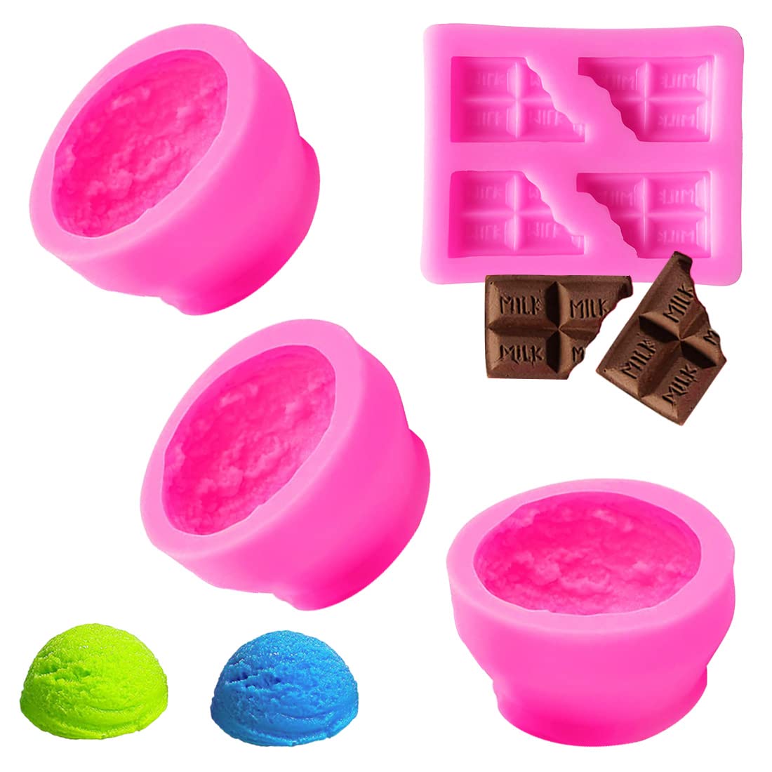 3PCS Scoop 3D Ice Cream Silicone Molds, for Wax Melt Candle Soap Cake Making, TuNan Ball Shape Moulds + 1pcs Chocolate Mold for Birthday Wedding Decoration
