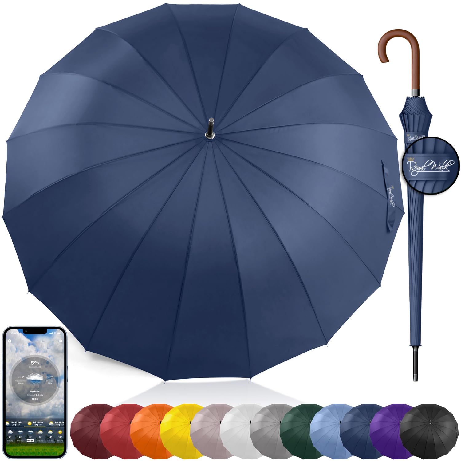Royal Walk Windproof Umbrella Black Large 54 Inch Automatic Open for 2 Persons Stormproof for Men Women Classic Wooden Handle Lightweight Waterproof Durable Strong 16 Ribs Travel Golf 120cm Navy Blue