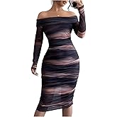 Floerns Women's Off Shoulder Ruched Bodycon Dress Tie Dye Long Sleeve Mesh Midi Dress