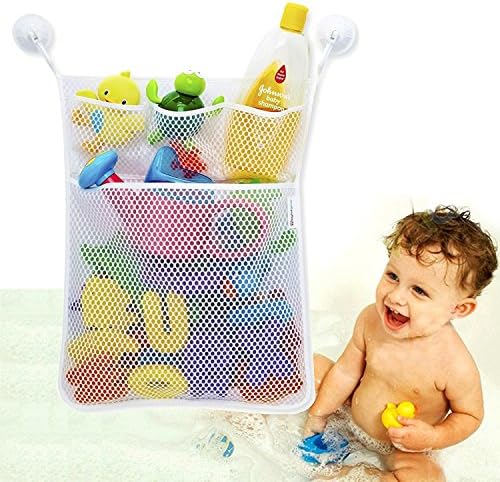 Bath Toy Organizer Bathroom Tub Storage - 3 Bonus Suction Cups Hook Machine Washable, White