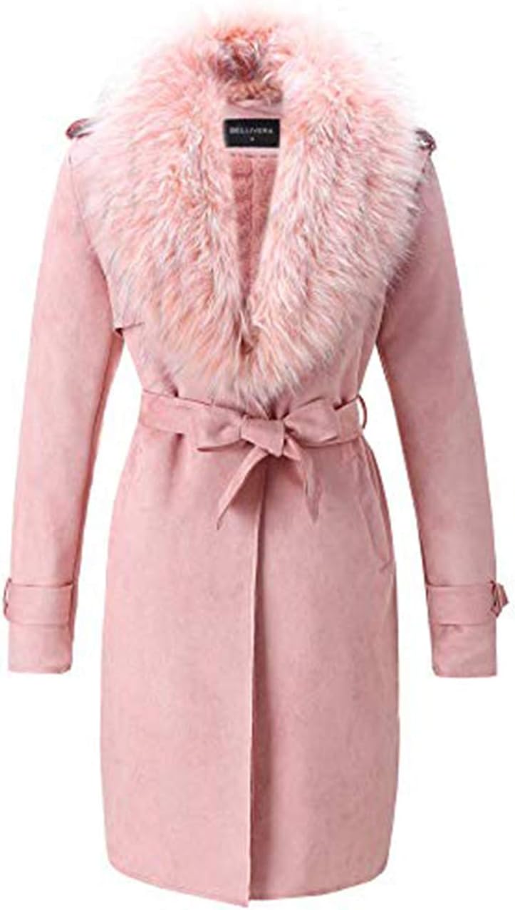 Sponsored Ad - Women Faux Leather Trench Coat Fleece-Lined Mid-length Jacket with Detachable Fur Collar