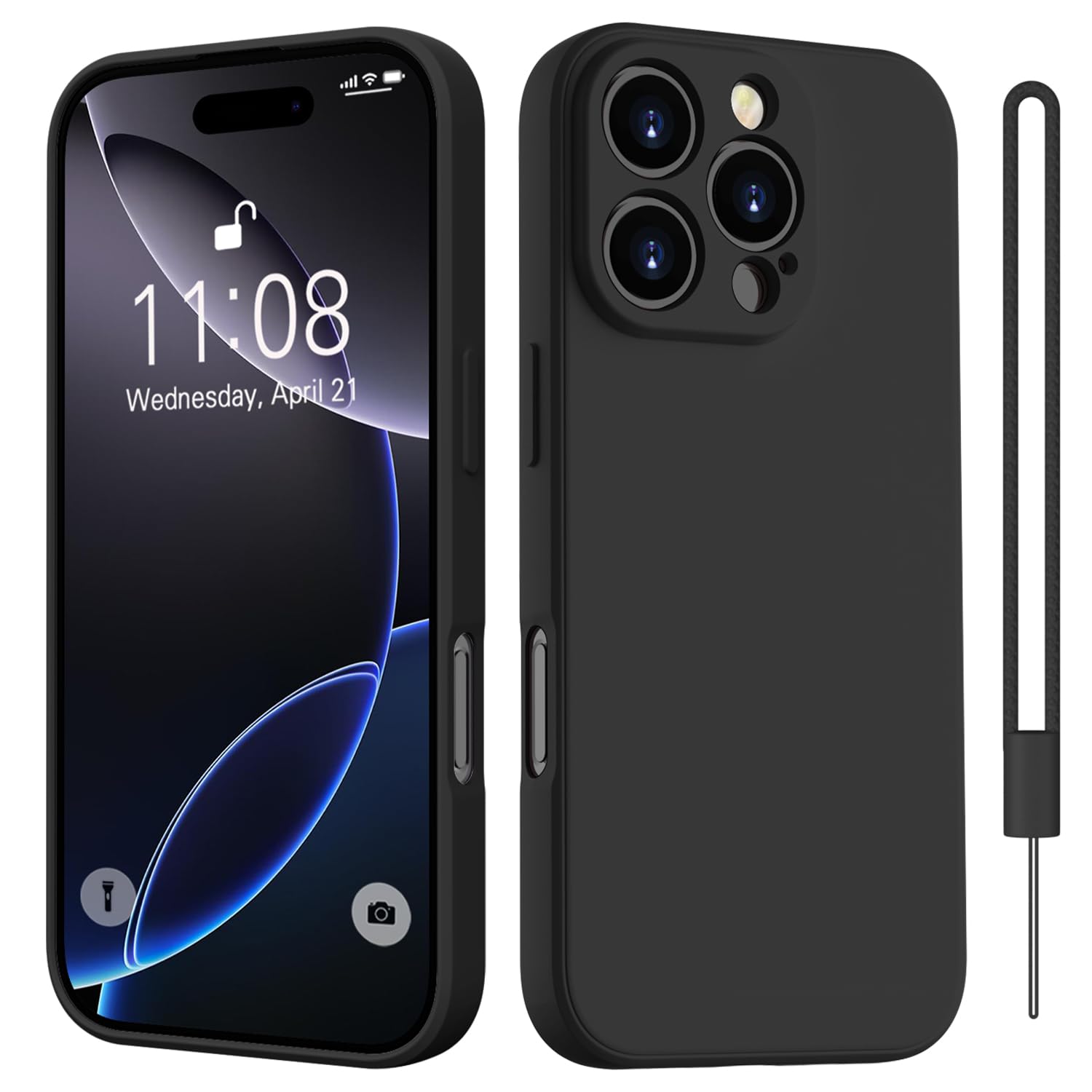 HGH for iPhone 16 Pro Case Silicone With Lanyard, [Camera All-Round Protection] [Soft Microfiber Lining Anti-Scratch] Full Covered Shockproof Phone Case for iPhone 16 Pro, Black