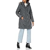 LONDON FOG womens 36" Snap Front Down Coat With Multi Pattern Quilt and Hood