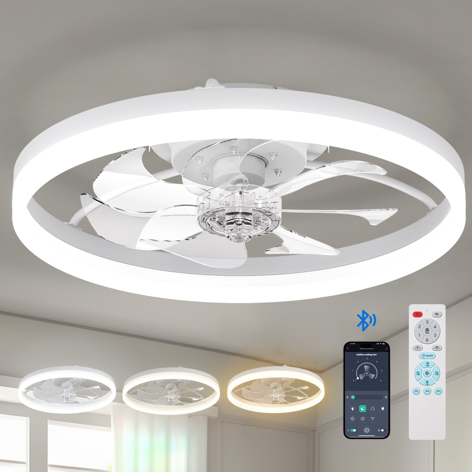 Photo 1 of addlon Low Profile Ceiling Fan with Light and Remote, 20 Inch Small Ceiling Fans with Lights, Flush Mount Ceiling Fan, Reversible, 3CCT, Dimmable, Quiet, Modern Bladeless Ceiling Fan for Bedroom,White