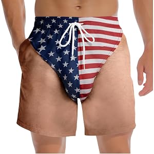 Custom Tropical Hawaiian Men Beach Shorts, 3D Hairy Body Briefs Graphic Swim Trunks, Patriotic American Flag Sling Briefs Pra