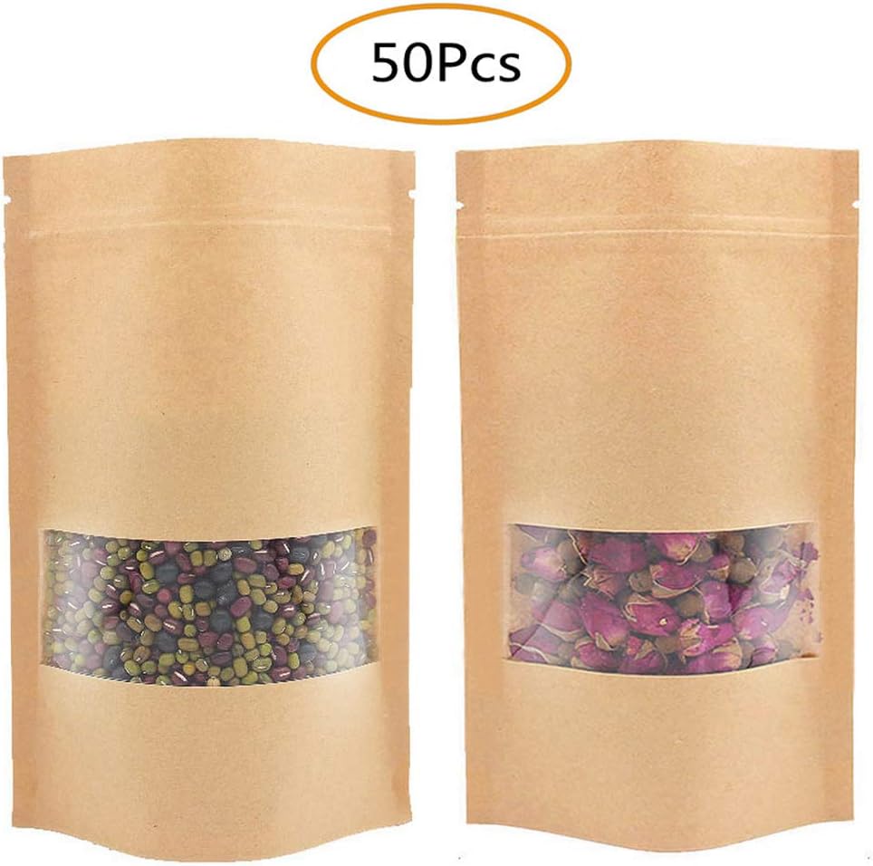 SUMAJU 50 Pcs 4.7x7.8 Inches Stand Up Kraft Paper Bag, Reusable Zip Lock Sealing With Notch Matte Transparent Window Bags Storing Food Storage