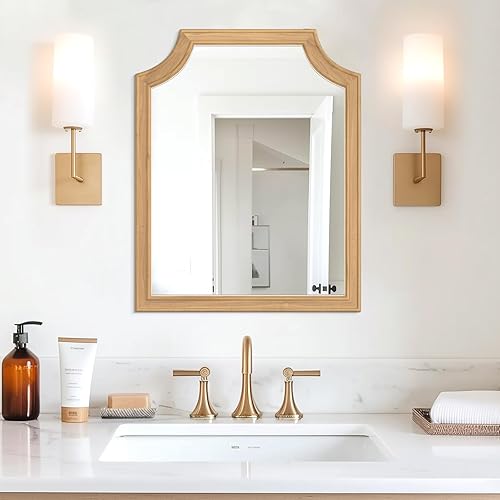 HOMECOOKIN 16" x 20" Scalloped Wood Mirror，Wood Bathroom Mirror,Rectangle Wall Mirror Decor for Hallway Bedroom Living Room[Natural]
