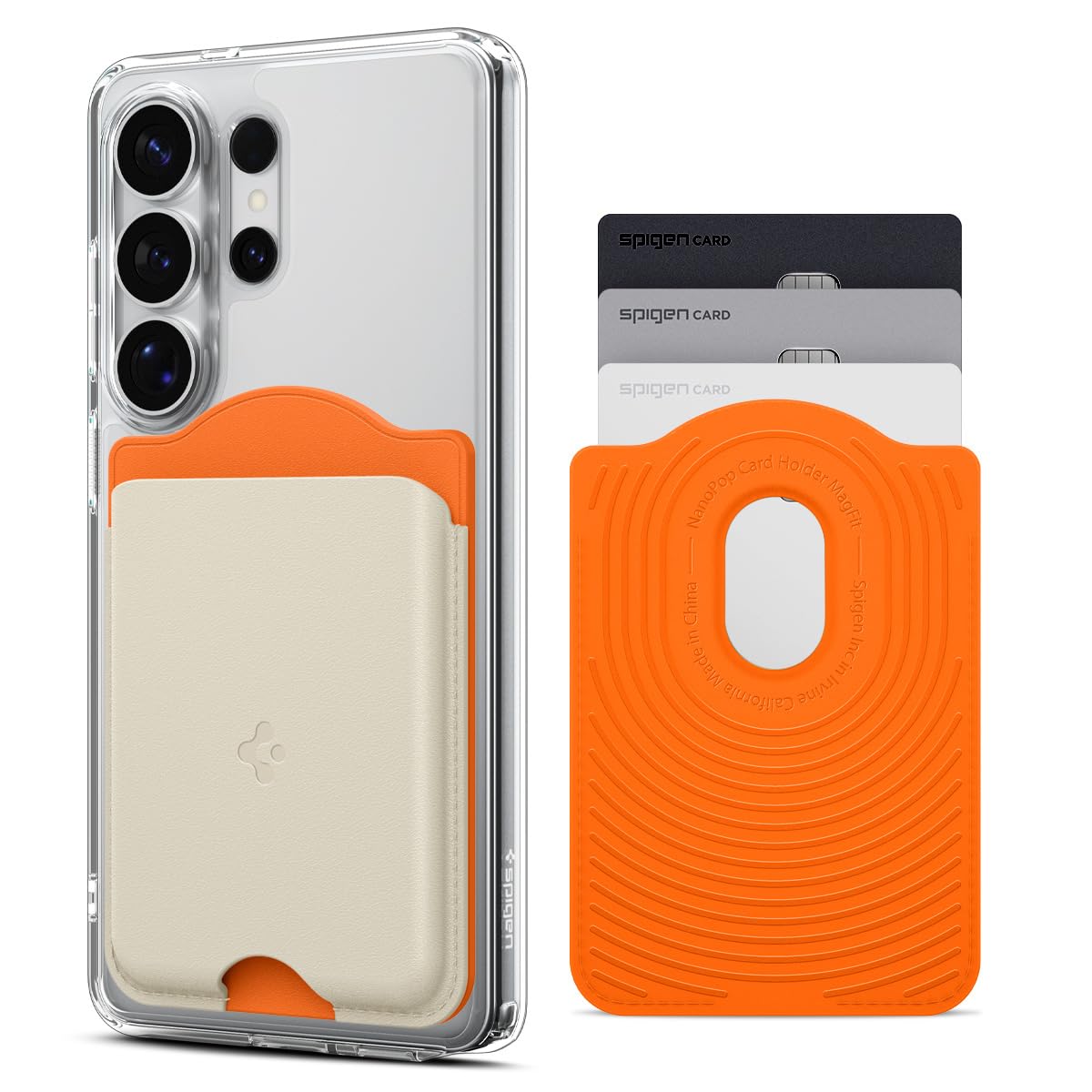 Spigen for MagSafe Wallet, Holds 3 Cards, Compatible with Galaxy S26/S25/S24 Ultra/Edge/Plus, Z Fold 7, Pixel 10a/Pro XL/Fold, iPhone 17/16/15/14/13/12, Plaud Note, Card Holder - PU Orange Beige