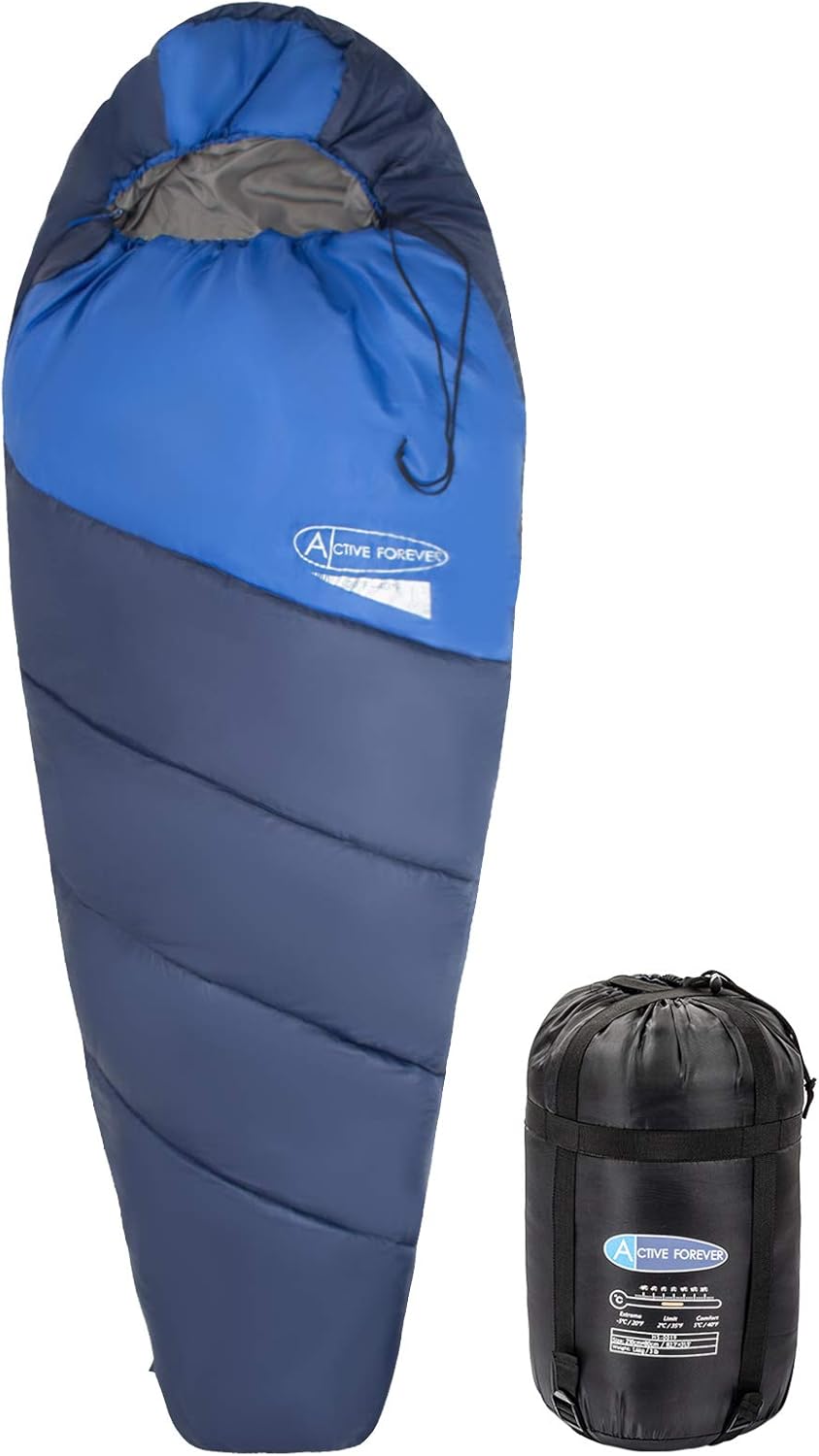 Display4top Premium Lightweight Mummy Sleeping Bag with Compression Sack - Portable, Waterproof,Comfort - Great for Outdoor Camping, Backpacking & Hiking (Blue)