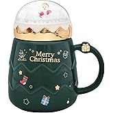 Peclek 17.6 oz Christmas Mug with Winter Snow Globes Lid Decorations, Large Cute Festive Ceramic Coffee Cup, Winter Xmas Holiday Birthday Tabletop Drinkware Gifts for Adults Kids Men Women (Green)