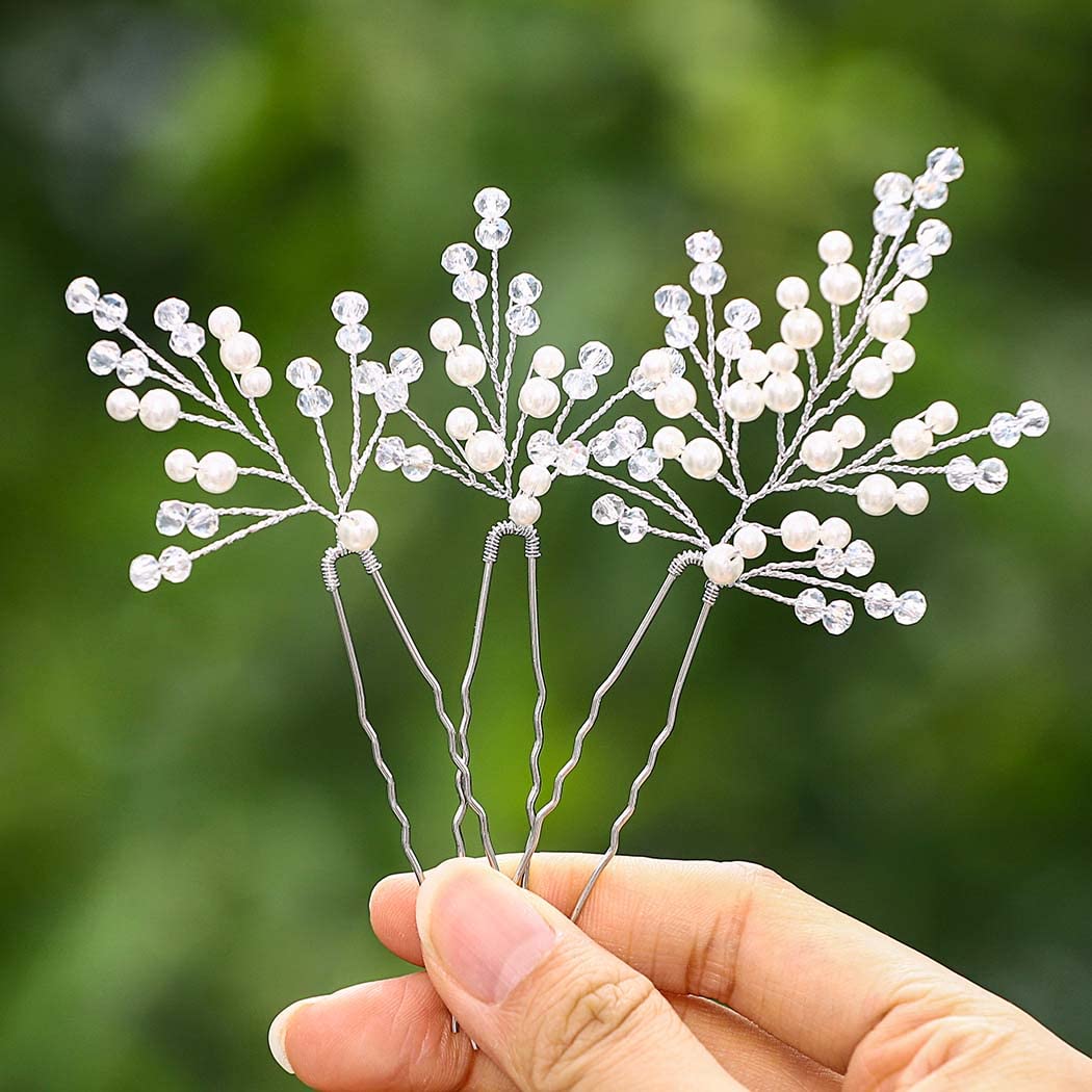 IYOU Bridal Wedding Hair Pins Silver Crystal Hair Pieces Pearl Headpieces Rhinestone Bride Hair Accessories for Women(Pack of 3)