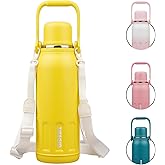 BJPKPK Insulated Thermal Water Bottle Double Wall with Handle and Lid 50oz Stainless Steel Water Bottles for Cold and Hot Beverages,Yellow