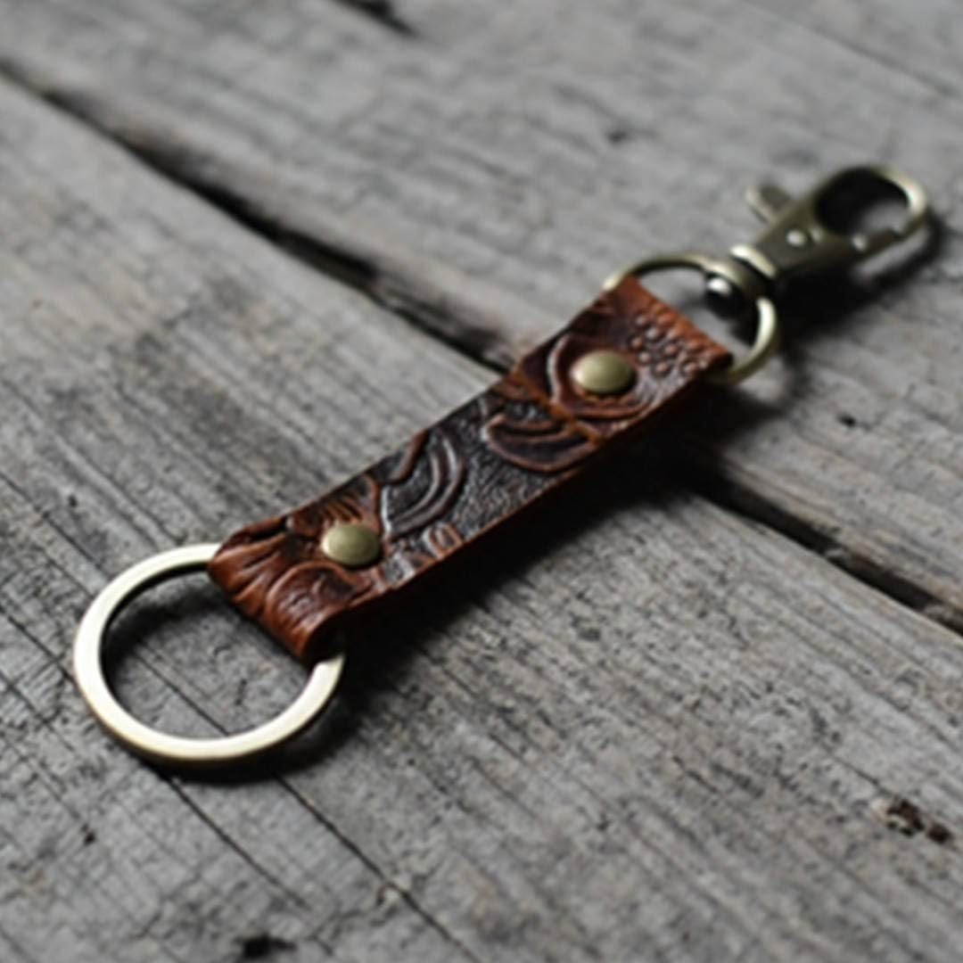 JJNUSA Genuine Leather Keychain Walnut Leather Key Holder Mens Key Chain Ring Fob Accessories Heavy Duty Key Chain Belt Loop Clip Flower brown - Image 5