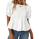 MAOECO Womens Puff Sleeve Babydoll Peplum Tops 2026 Summer Cotton Tshirts Smoked Pleated Loose Dressy Casual Flowy Blouse