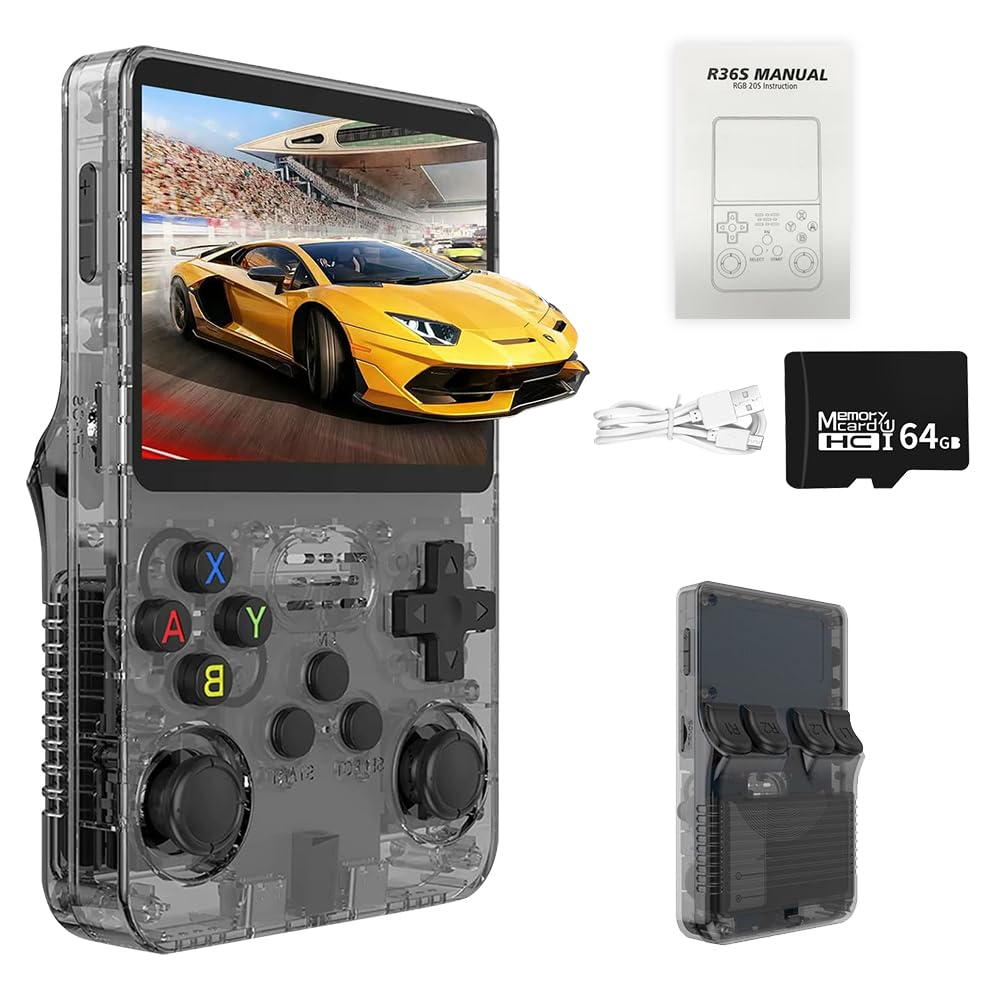 R36s Handheld Game Console, Retro R36s Game Console with 64G TF Card, 3.5 In Screen Linux System Retro Games Console Handheld (Black, 128, GB)