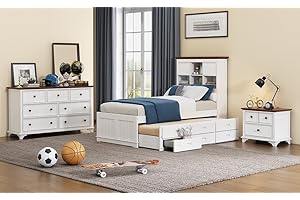 Merax White+Walnut Modern Framhouse Wood Bedroom Size Captain Bed with Trundle, Nightstand, Tall 6-Drawer Dresser, Twin Set-3 Piece