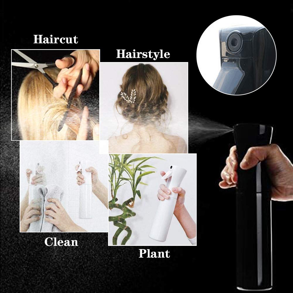Hair Spray Bottle Empty Plastic Trigger Spray Bottle Refillable Fine Mist Sprayer Bottle 2 Pack 10oz /300ml for Hair Styling, Cleaning, Garden Continuous Water Mister (Black+White)