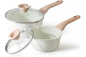 Kordisen Ceramic Sauce Pan Set with Lid, 1.5Qt & 2.5 Qt Nonstick Saucepan Non Stick Sauce Pots Cooking Pot with Pour Spout, E