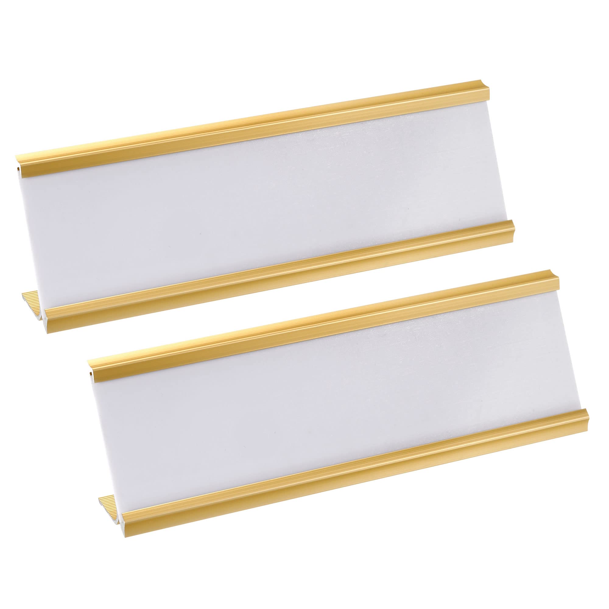 PATIKIL 2 x 7inch Aluminum Name Plate Holder, 2Pcs L Type with White Blank Engraved Name Plate for Desk Office Business Door Sign Holder Gold Tone