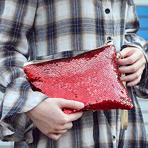 Brishow Envelope Type Travel Makeup Bag Portable Clutch Toiletry Bag Cosmetic Makeup Case Mermaid Sequins Organizer Bag with Zipper for Women and Girls (Red+Green) - Thumbnail 4