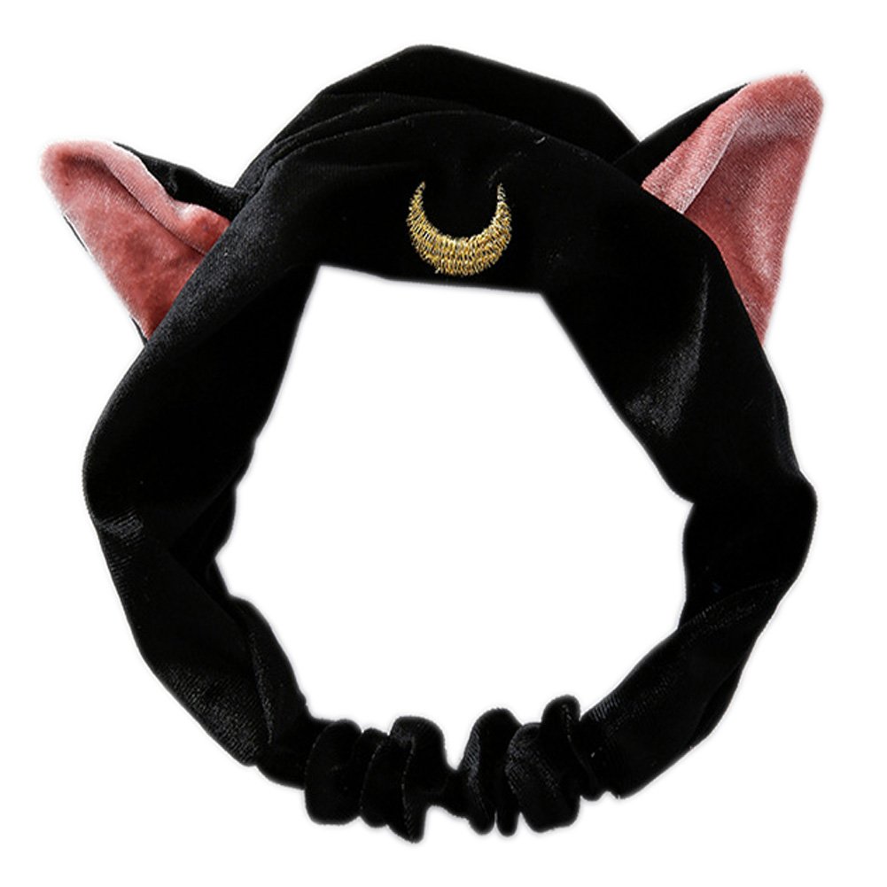 Moon Cat Ears Makeup Cosmetic Shower Elastic Hair Band Headband for Women Men Girls Head Wrap Accessories TS12 (Black)