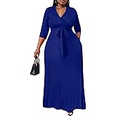 Nmoder Plus Size Maxi Dress for Women - Summer Casual 3/4 Sleeve Floral Flowy Long Dress with Belt XL- 6XL