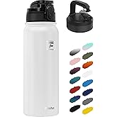 Fanhaw 20 Oz Insulated Stainless Steel Vacuum Water Bottle with 2 Lids (Pop-Open & Carabiner Lid) - For Kids, Women, Men | Leak & Sweat Proof (White)