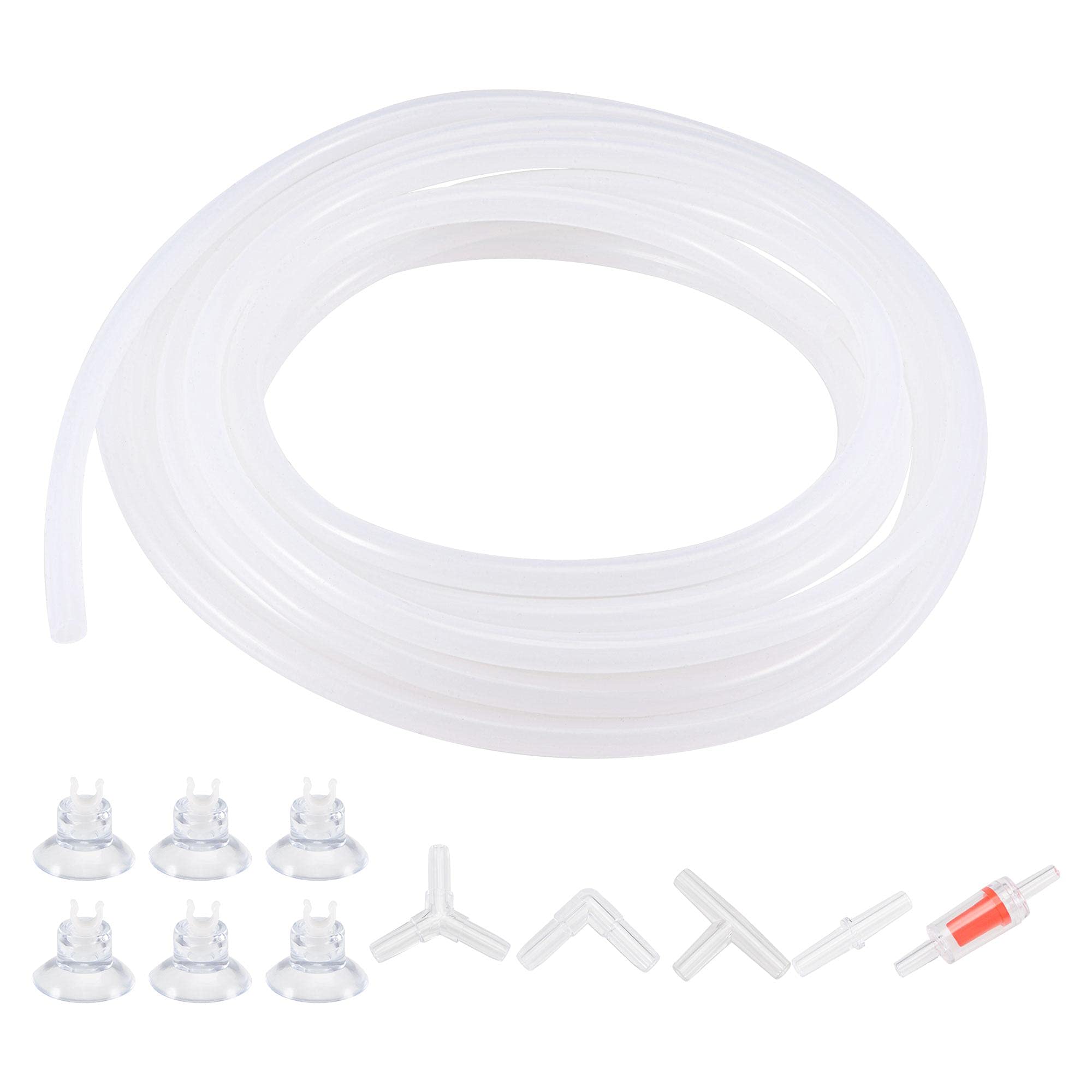 sourcing map Silicone Tubing 4mm ID 6mm(1/4") OD 5m Aquarium Air Hose with Red Check Valves, Suction Cups, Connectors