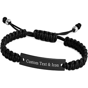 TQK Personalized Engraved Bracelet, Steel ID Bar | For Men and Women, Custom Text and Icon, Adjustable Hand-Woven Braided Cor