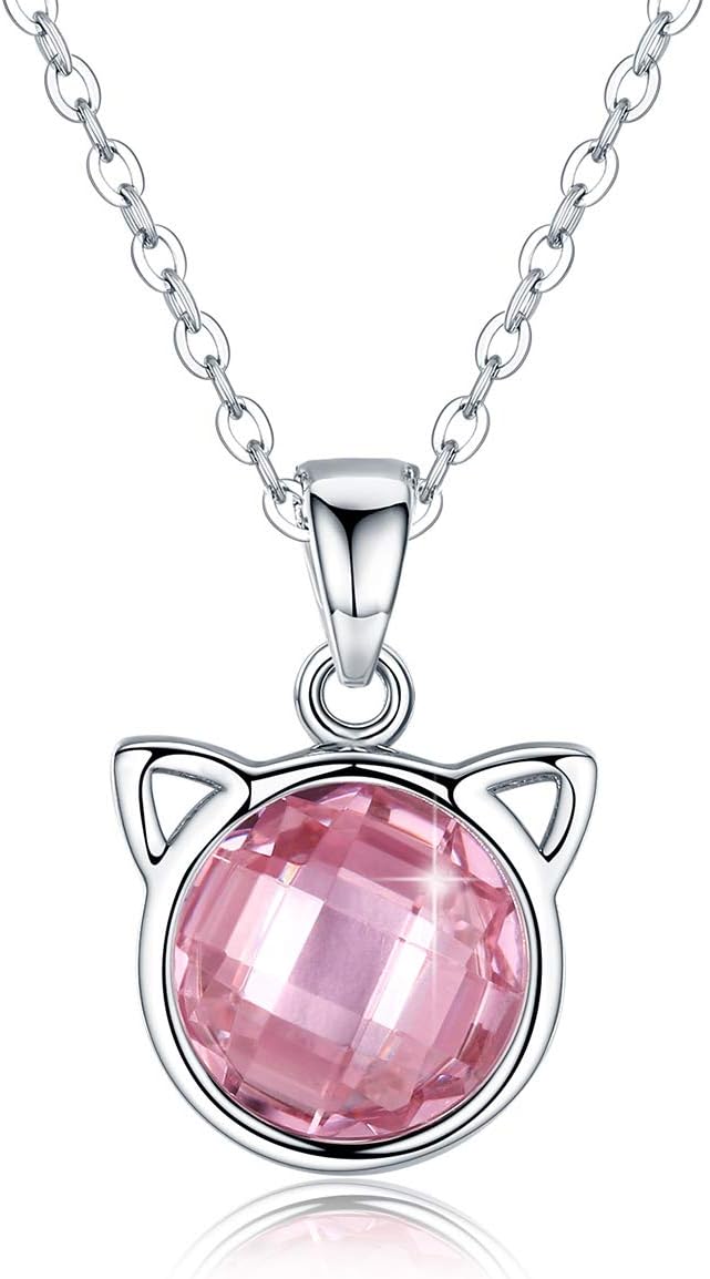 Cat Necklace, 925 Sterling Silver Women Cute Kitty Crystals Animal Pendant Necklace 5A CZ Pink Pendant October Birthstone Necklace Jewellery Gift for Women Girls on Birthday